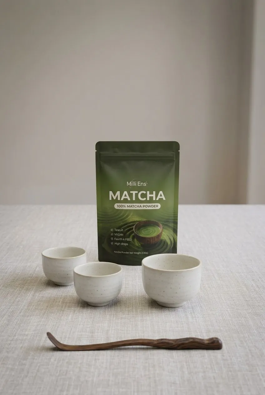Milli Ens Ceremonial Grade Matcha pouch with three ceramic cups and a wooden matcha scoop